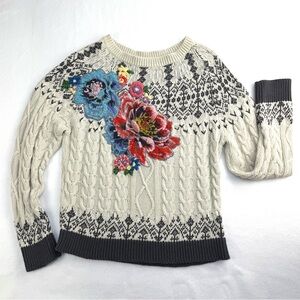Anthropologie Cream Cable-Knit Sweater with Floral Embroidery